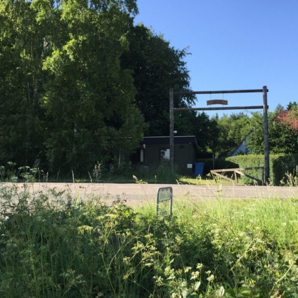 To spejderledere viser en færdselstavle for en gruppe børn